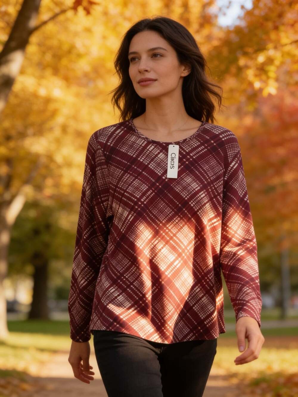 Chico's Long Sleeve Crew Neck Plaid Knit Top